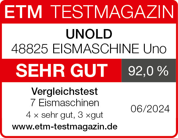 Die Unold Eismaschine Uno inklusive Eisbuch 1,2 L erhielt vom ETM TESTMAGAZIN in einem Test von 7 Eismaschinen (06/2024) die Auszeichnung „sehr gut“ (92,0 %).