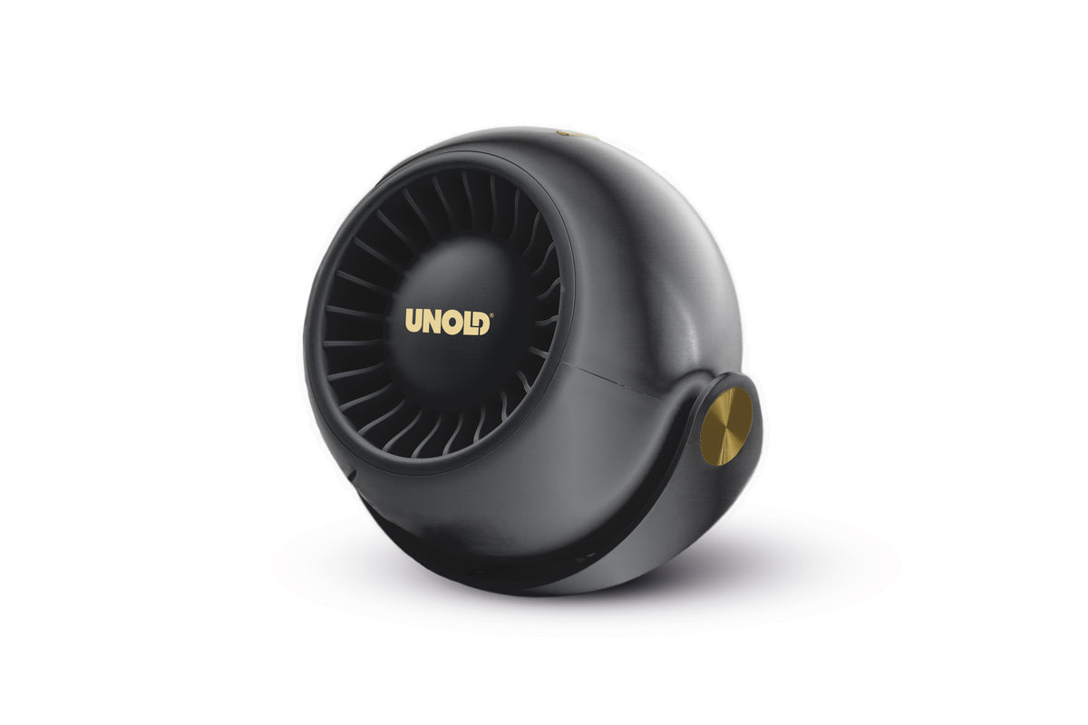 Der Unold Ventilator Breezy Bowl ist ein kompakter, schwarzer, runder Ventilator mit einem turbineninspirierten Design und der goldenen Aufschrift „UNOLD“ auf der Vorderseite vor weißem Hintergrund.