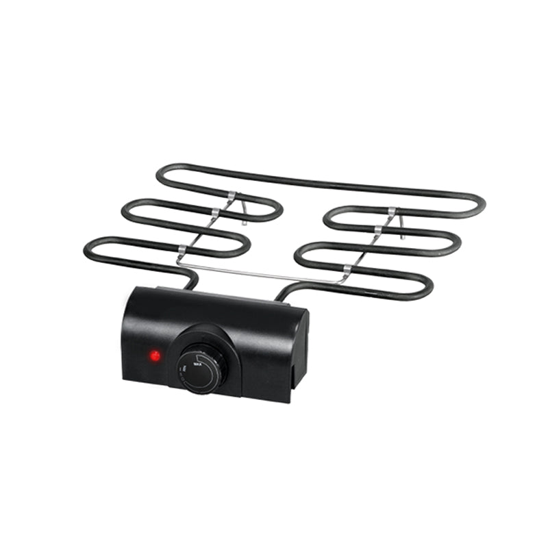 Das Unold Heizelement mit Kontrolleinheit für BARBECUE-GRILL Vario 58565 verfügt über ein schwarzes, gewickeltes Metall-Heizelement mit Kontrolleinheit, Temperaturregler und roter Kontrollleuchte.