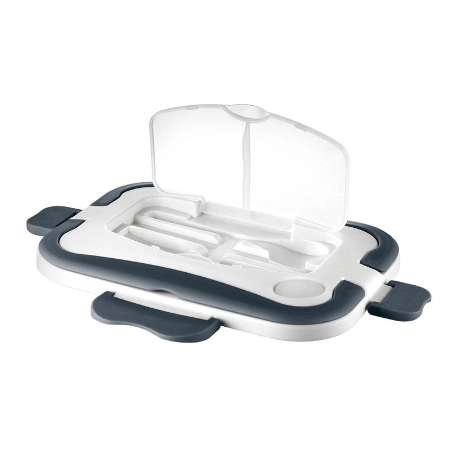 Der uonold.comckel (komplett) für LUNCHBOX 58850 ist ein rechteckiger Kunststoffdeckel in Weiß und Grau mit abgerundeten Kanten und einem transparenten Deckel mit Scharnier, der teilweise geöffnet werden kann, um die geformten Fächer im Inneren freizugeben.