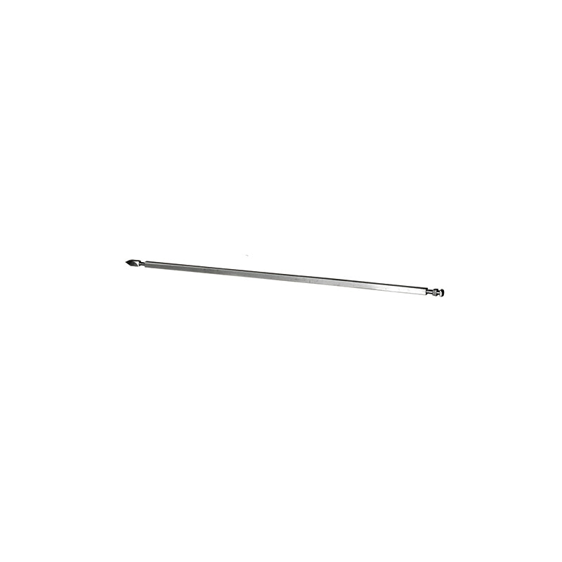 Der Unold Drehspieß für OFEN 68817 ist ein einzelner langer, dünner Metallstab mit kleinen Aufsätzen an beiden Enden, abgebildet vor einem schlichten weißen Hintergrund.