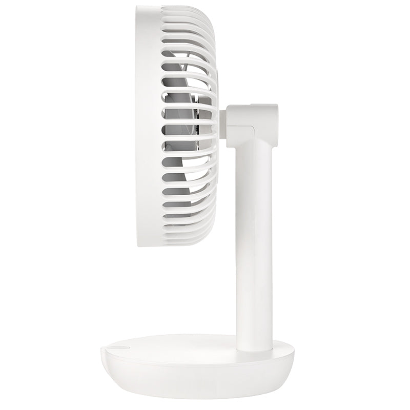 Seitenansicht des Unold TISCHVENTILATOR BREEZY, einem modernen, kompakten weißen Tischventilator mit rundem Schutzgitter, stabilem Standfuß und minimalistischem Kunststoffdesign.