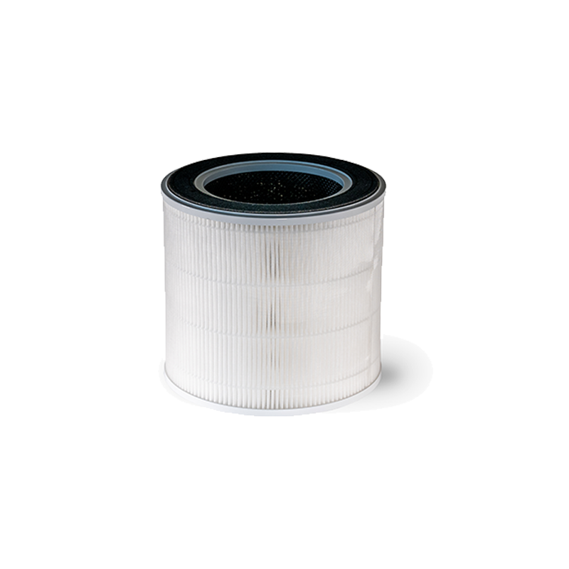 Das Unold Alpha Ersatzfilter-Set (Vor-Hepa-Aktivkohle-Filter) verfügt über ein zylindrisches Design mit weißen, gefalteten Seiten und schwarzer Ober- und Unterseite, dargestellt vor einem weißen Hintergrund.