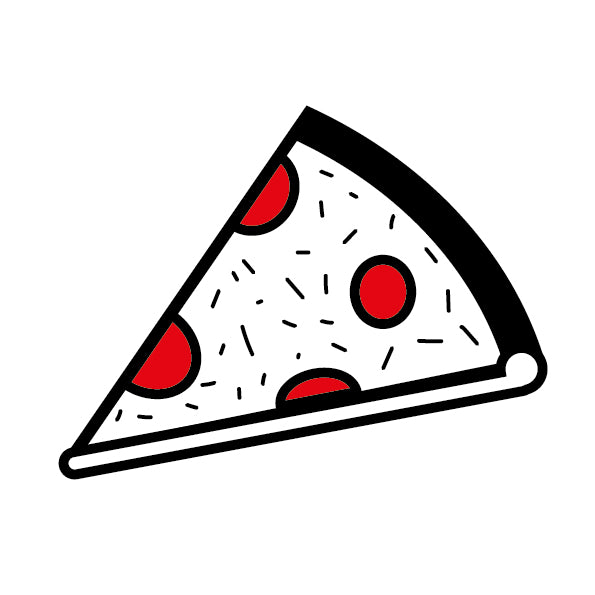 Eine einfache Zeichnung im Cartoon-Stil eines Pizzastücks mit einer dicken Kruste, roten Peperonischeiben und schwarzen Schnörkeln, die Käse auf einem weißen Hintergrund andeuten.