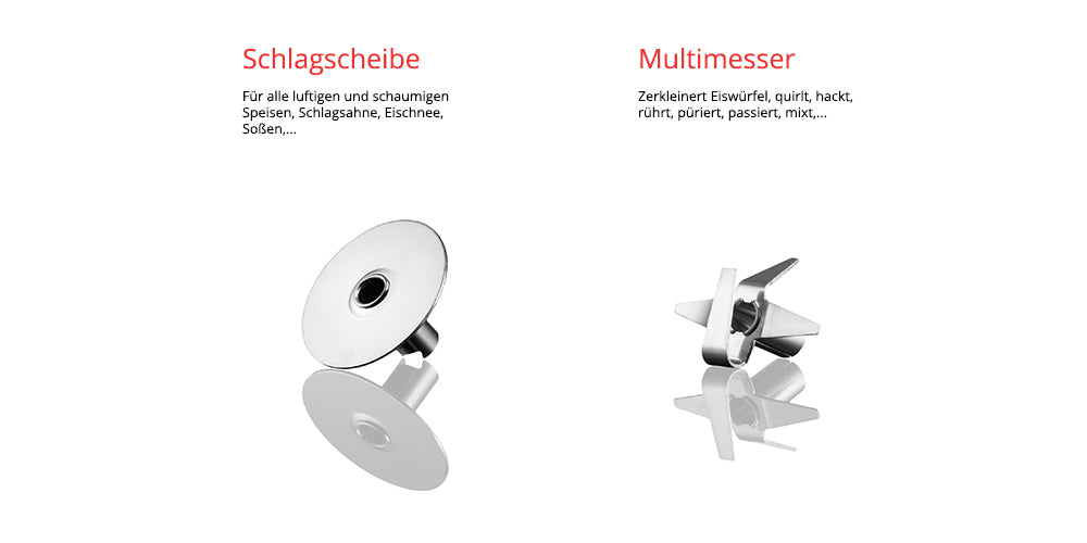 Das ESGE-Zauberstab E120 Select Premium-Set 902125 von ESGE Zauberstab beinhaltet eine Quirlscheibe für luftige Speisen und ein Multimesser zum Zerkleinern und Mixen, beides auf weißem Hintergrund abgebildet.