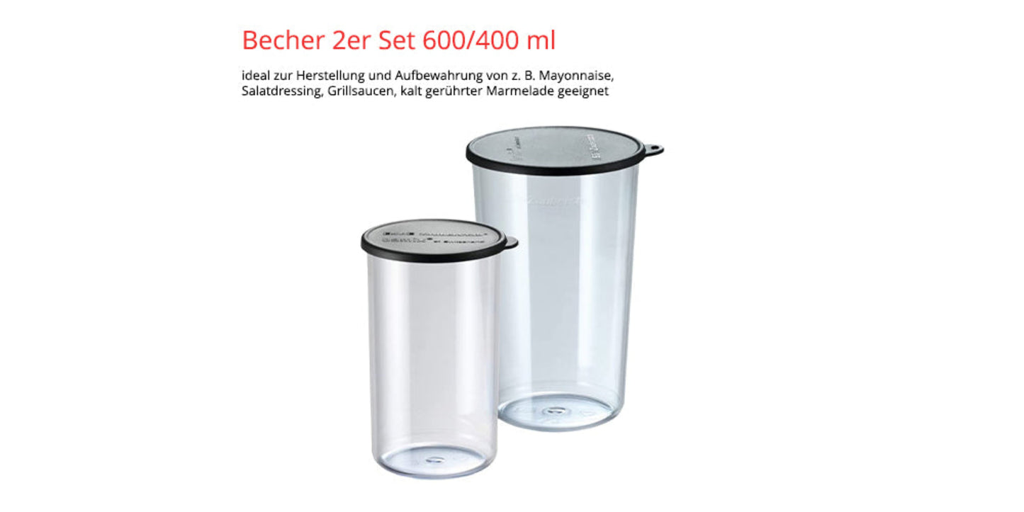 Das Bild zeigt ein Becher-Set der ESGE-Zauberstab-Serie mit einem 600-ml- und einem 400-ml-Becher, inklusive Deckel. Es ist ideal zur Herstellung von Salatdressings, Grillsaucen, kalt gerührter Mayonnaise und Cremelade, passend zu moderner Küchentechnik wie den UNOLD-Geräten (z. B. Toaster, Softeismaschine).