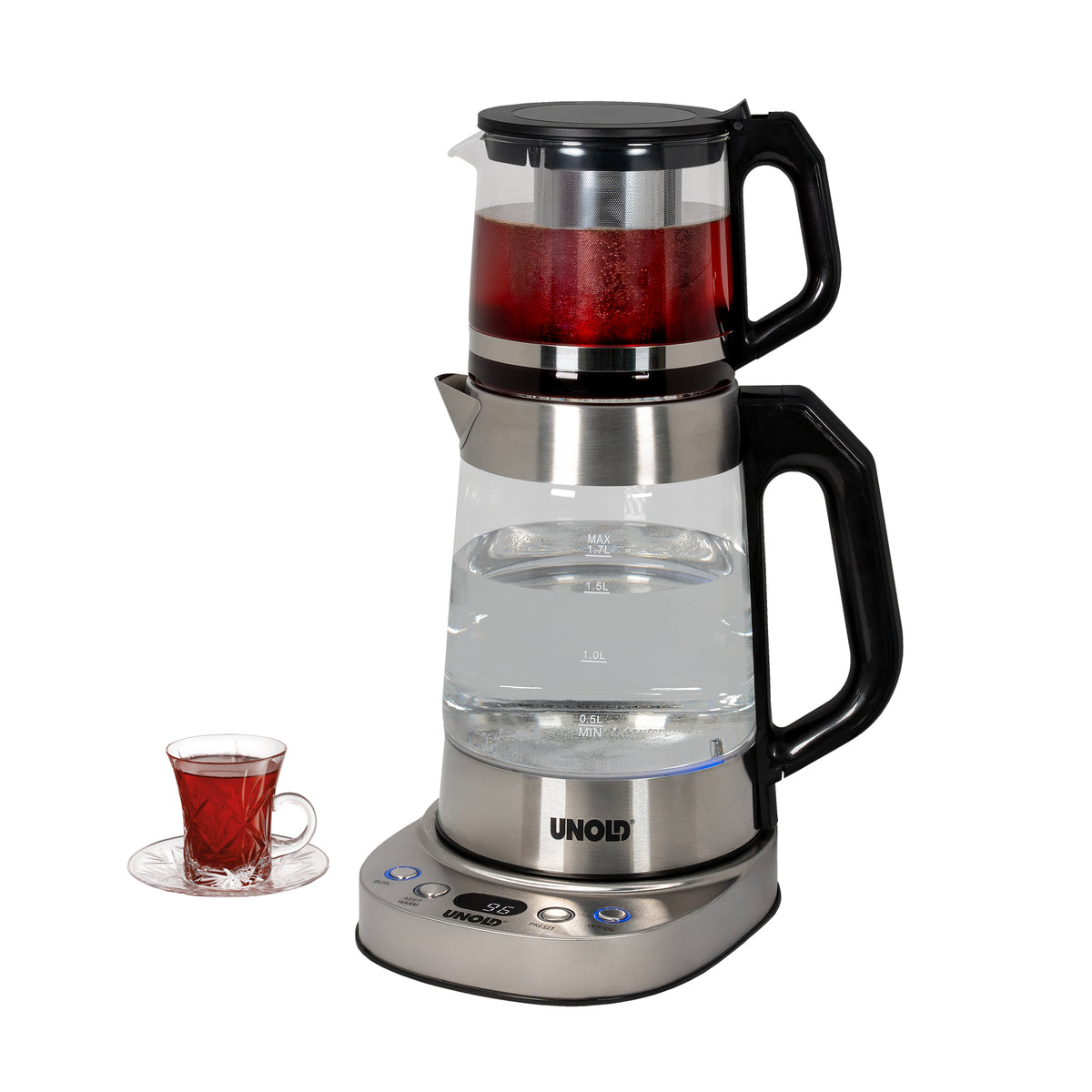 Die Unold AG Samowar Selin ist ein elektrischer Teezubereiter aus Glas mit einem Sockel aus Edelstahl, der eine Teekanne mit rotem Tee über heißem Wasser und eine Glastasse mit rotem Tee auf einer Untertasse zeigt.