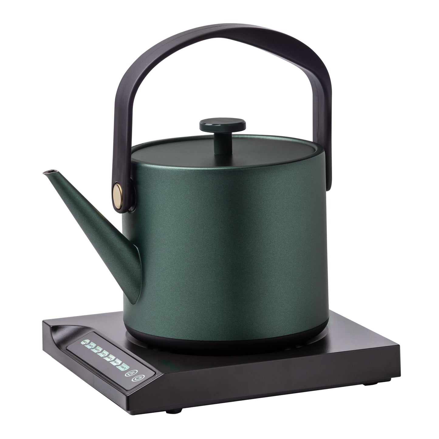 Der Unold Blitzkocher Jade ist ein moderner grüner Wasserkocher mit geschwungenem Griff auf einem schwarzen Sockel mit digitalen Bedientasten, die isoliert auf weißem Hintergrund dargestellt sind.