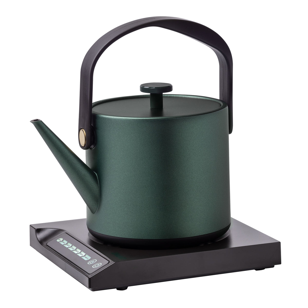 Der Unold Blitzkocher Jade ist ein moderner grüner Wasserkocher mit geschwungenem Griff auf einem schwarzen Sockel mit digitalen Bedientasten, die isoliert auf weißem Hintergrund dargestellt sind.