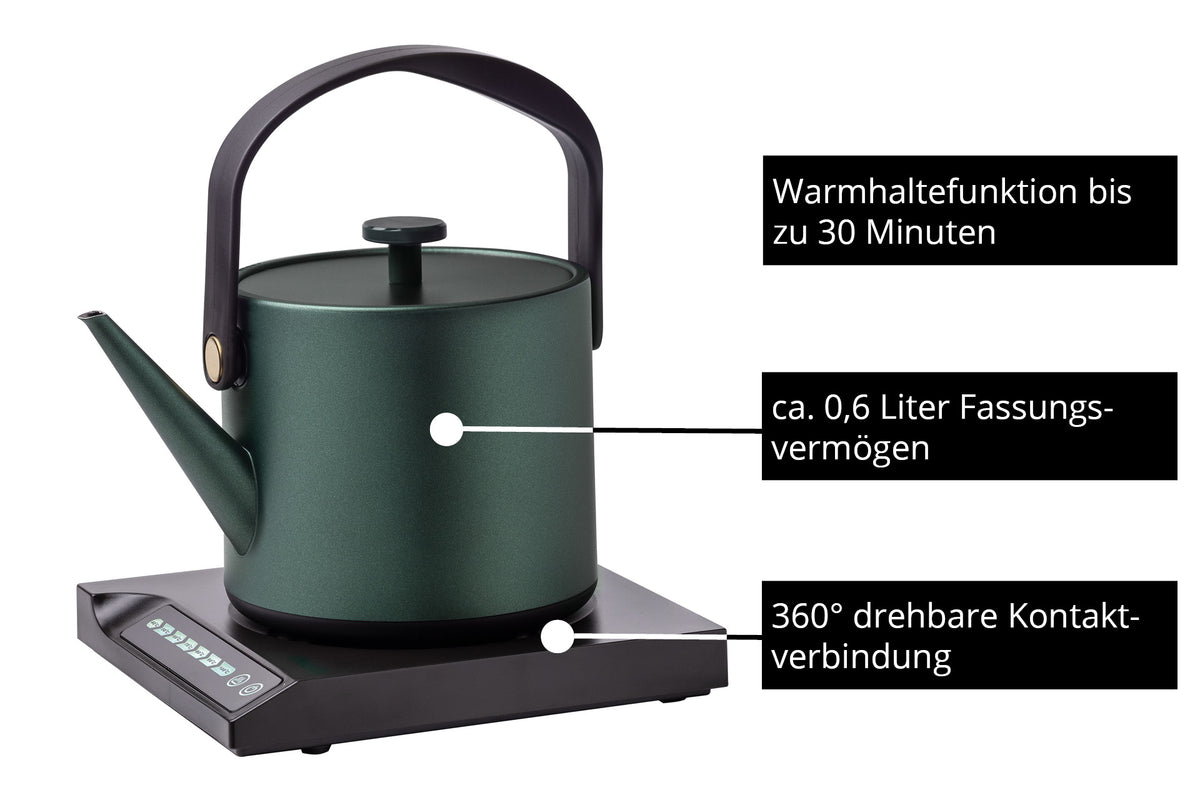 Der Unold Blitzkocher Jade ist ein grüner Wasserkocher mit Griff, 0,6 l Fassungsvermögen, 360° drehbarem schwarzen Sockel mit Knöpfen und einer Warmhaltefunktion von bis zu 30 Minuten.