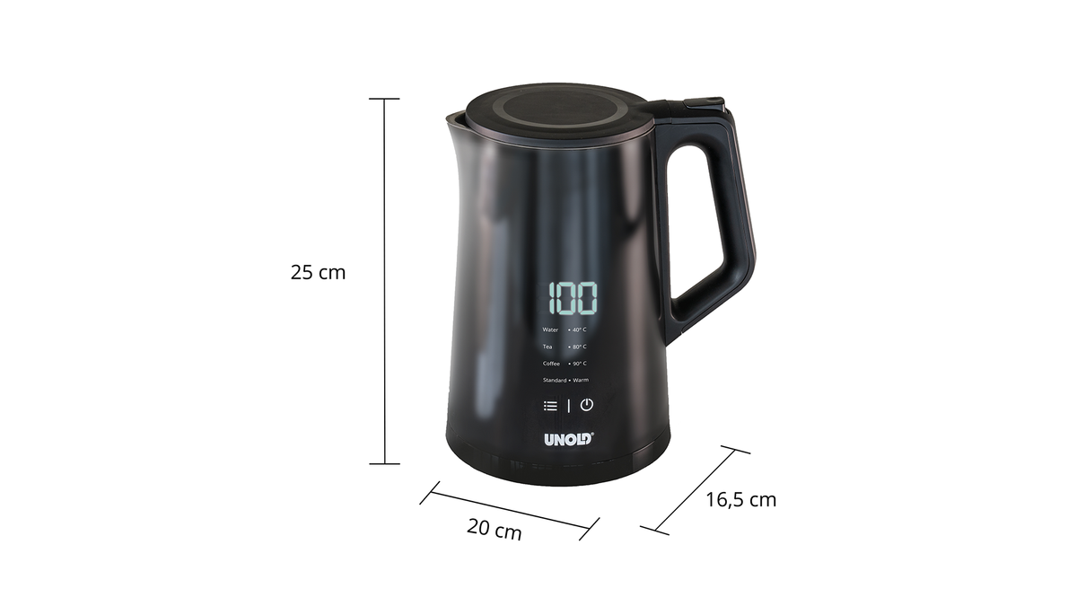 Schwarzer Wasserkocher mit Griff, Digitalanzeige und Messlinien mit den Maßen: 25 cm hoch, 20 cm breit und 16,5 cm tief. Auf der Vorderseite ist die Marke UNOLD sichtbar.
