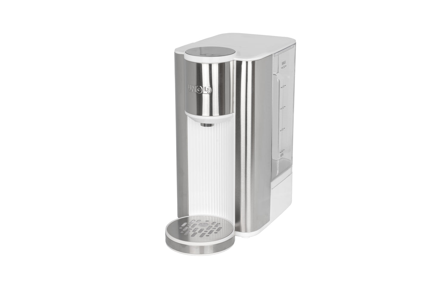 Der Unold Express Heißwasserbereiter Ava ist ein moderner, silber-weißer Tisch-Wasserspender mit vertikalem Design, einer Tropfschale am Boden und einer seitlichen Wasserstandsanzeige.