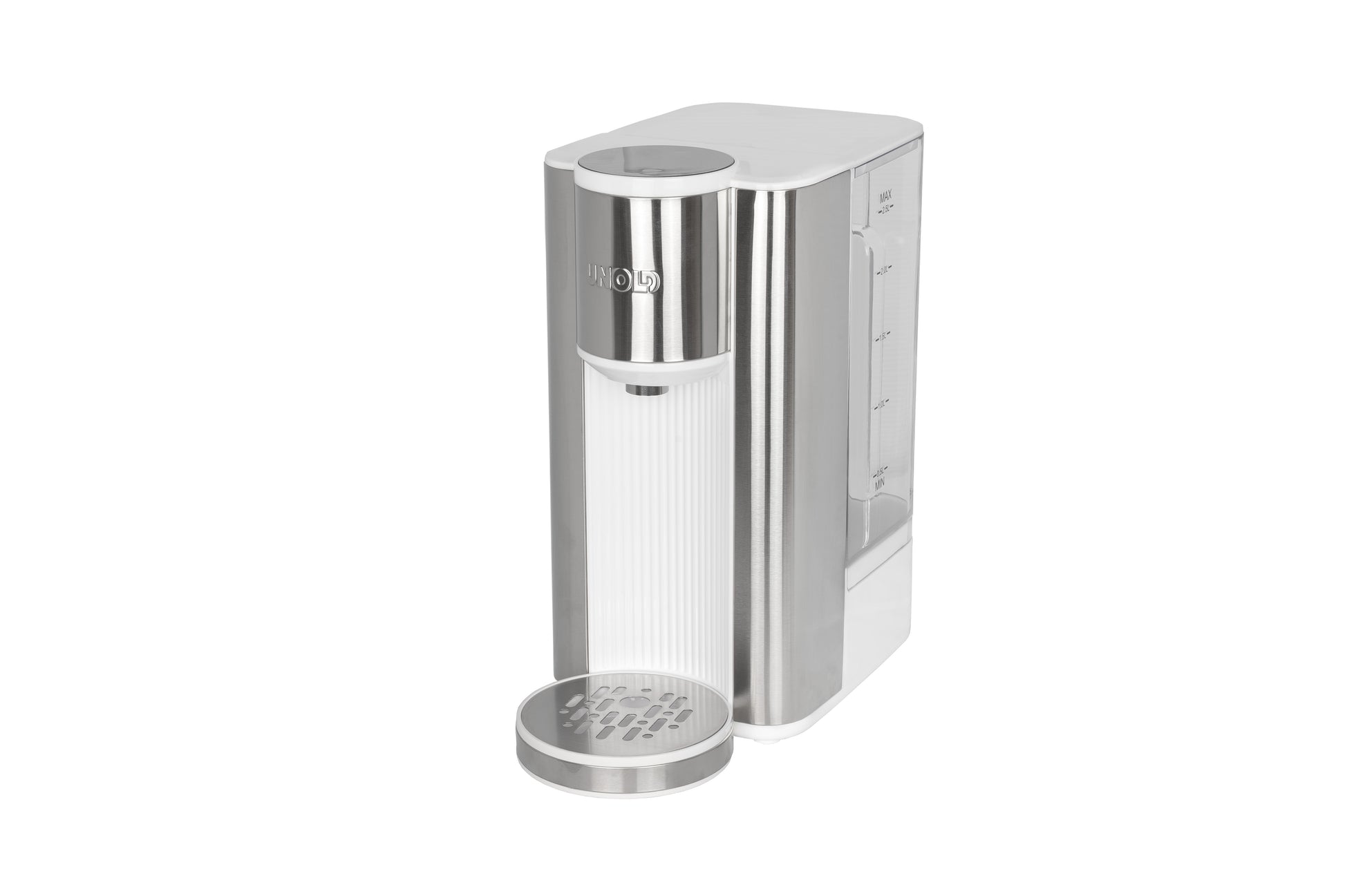 Der Unold Express Heißwasserbereiter Ava ist ein moderner, silber-weißer Tisch-Wasserspender mit vertikalem Design, einer Tropfschale am Boden und einer seitlichen Wasserstandsanzeige.