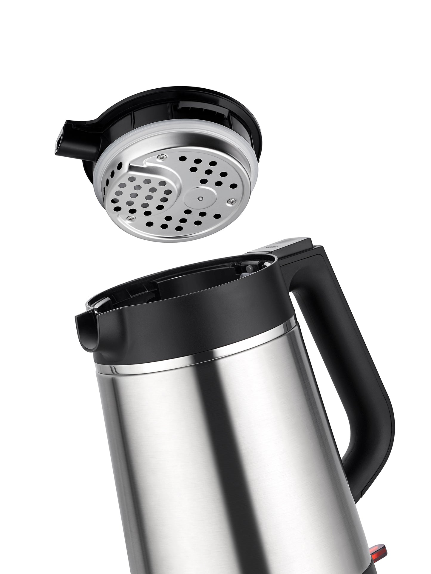 Der Wasserkocher Unold Blitzkocher Thermo 1,5 L verfügt über ein Edelstahlgehäuse und einen schwarzen Griff. Er wird ohne perforierten Deckel auf einem weißen Hintergrund über dem Wasserkocher präsentiert.