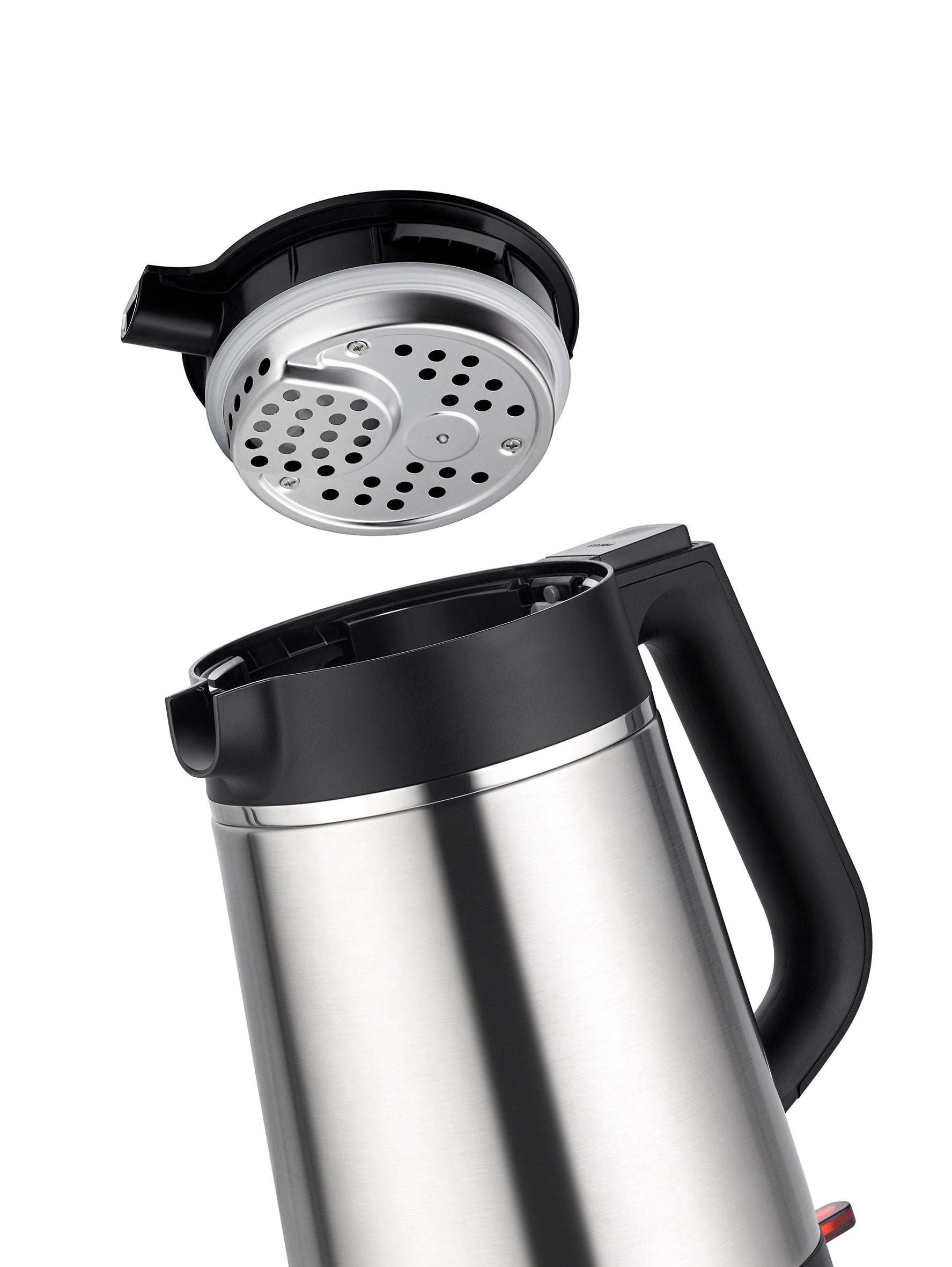 Der Wasserkocher Unold Blitzkocher Thermo 1,5 L verfügt über ein Edelstahlgehäuse und einen schwarzen Griff. Er wird ohne perforierten Deckel auf einem weißen Hintergrund über dem Wasserkocher präsentiert.
