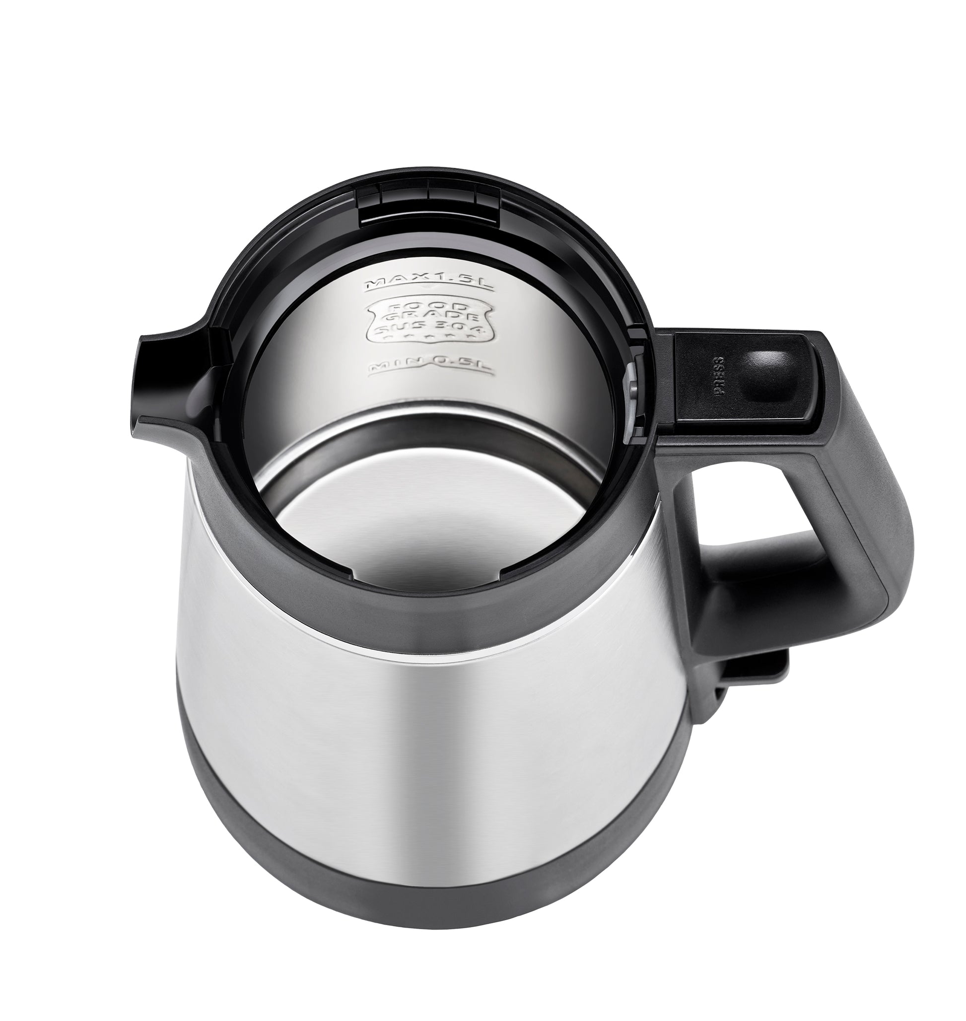 Eine Draufsicht auf den Wasserkocher Unold Blitzkocher Thermo 1,5 L aus Edelstahl mit schwarzem Griff und geöffnetem Deckel, der innen Wasserstandsmarkierungen in Litern zeigt.