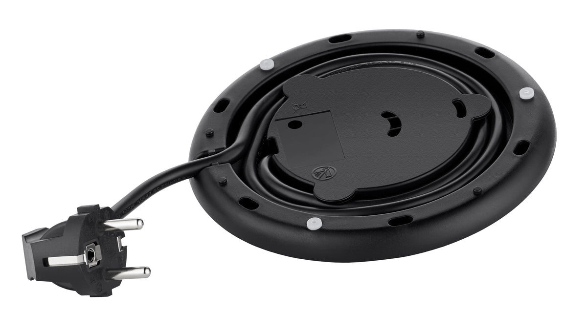 Auf der Unterseite des Unold Blitzkocher Thermo 1,5 L ist ein schwarzer, runder Wasserkocher-Sockel mit Spiralkabel und zweipoligem Stecker zu sehen.