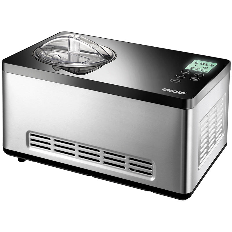 Die Unold Eismaschine Gusto inklusive Eisbuch 2 L verfügt über ein Edelstahlgehäuse, einen transparenten Deckel, ein digitales Display mit Zeit- und Temperatureinstellung sowie Bedientasten an der Oberseite. Der Markenname Unold ist an der vorderen Ecke angebracht.