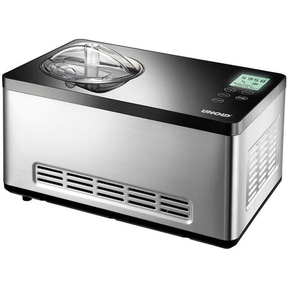 Die Unold Eismaschine Gusto inklusive Eisbuch 2 L verfügt über ein Edelstahlgehäuse, einen transparenten Deckel, ein digitales Display mit Zeit- und Temperatureinstellung sowie Bedientasten an der Oberseite. Der Markenname Unold ist an der vorderen Ecke angebracht.