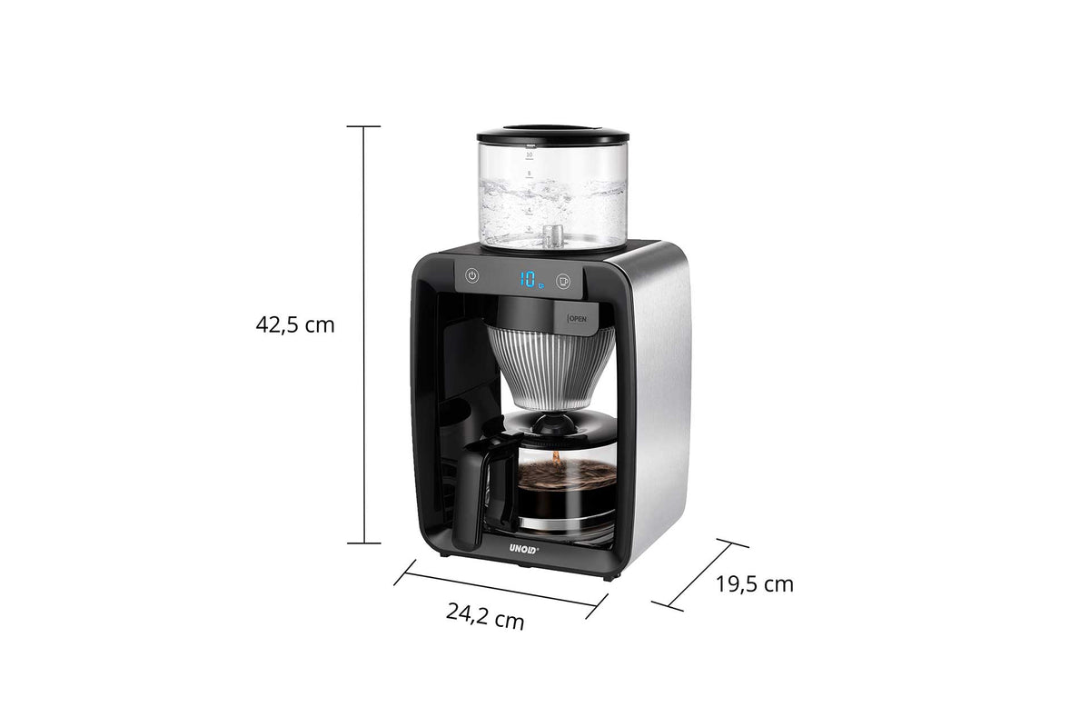 Der Unold Kaffeeautomat Aroma Star verfügt über ein oberes Wasserreservoir, eine digitale Anzeige, eine Glaskanne und Messlinien; Maße: 42,5 cm hoch, 24,2 cm breit und 19,5 cm tief.