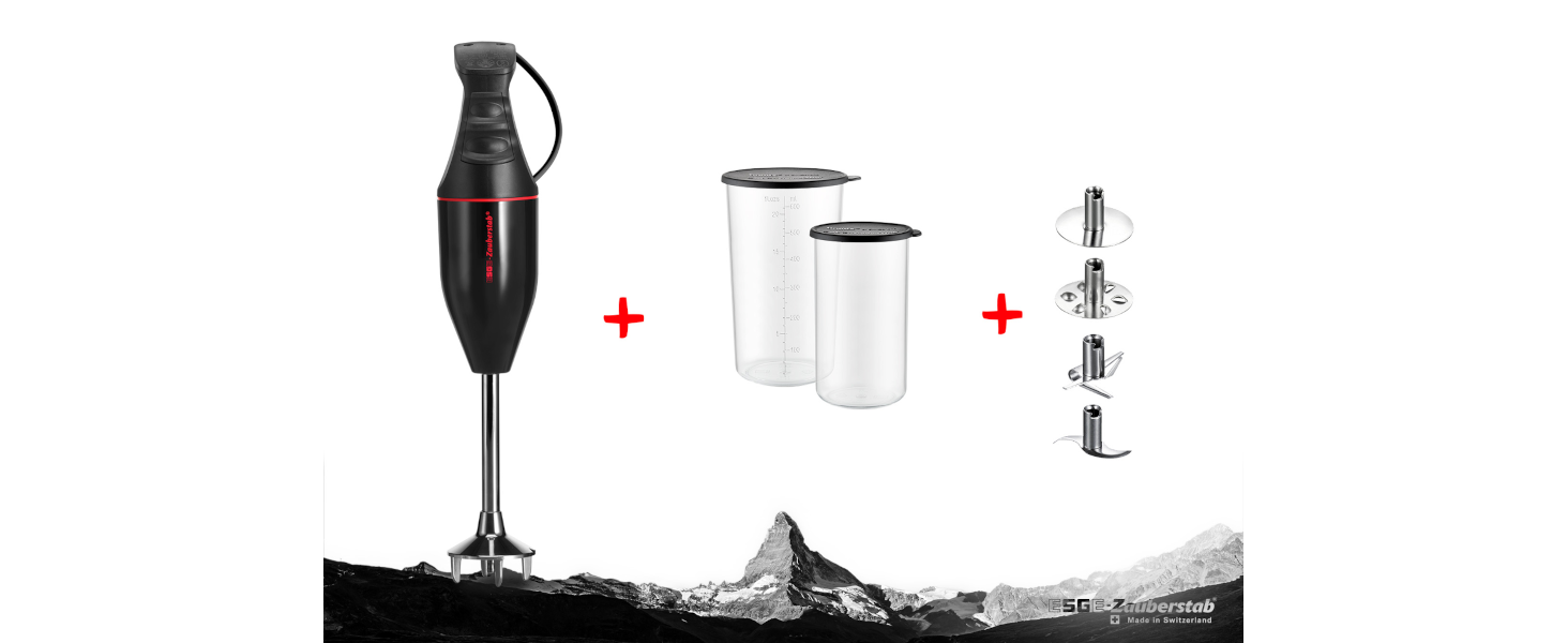 Der Stabmixer ESGE Zauberstab E 120 Design Schwarz 915201 von ESGE Zauberstab wird in Schwarz mit zwei Messbechern und drei abnehmbaren Messeraufsätzen auf weißem Hintergrund mit einer Berggrafik an der Unterseite angezeigt.