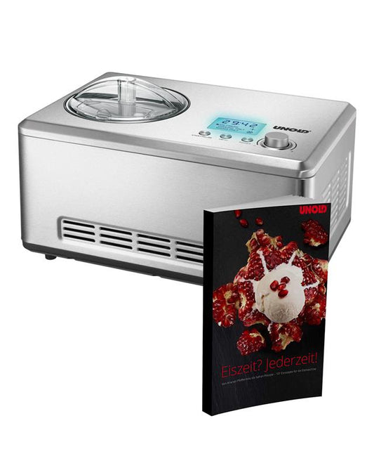 Neben der Unold Eismaschine Nobile 2.0 L mit Digitalanzeige steht das beiliegende Rezeptheft, auf dessen Cover eine Kugel Eis mit Granatapfelkernen abgebildet ist.