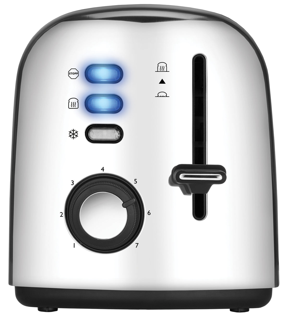 Der Unold Toaster 2er Retro verfügt über eine Edelstahlkonstruktion, beleuchtete blaue Tasten, ein nummeriertes Zifferblatt (1–7) und einen Hebel auf der rechten Seite. Symbole zeigen die Funktionen Stopp, Aufwärmen und Auftauen an.