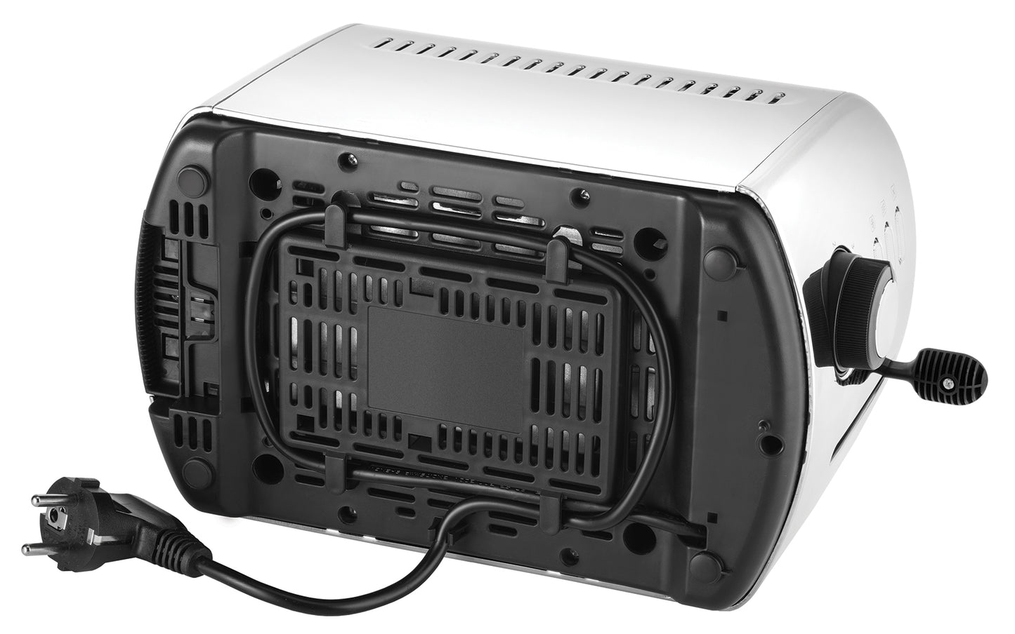 Der kopfüber abgebildete Unold Toaster 2er Retro offenbart seinen schwarzen Sockel mit Lüftungsschlitzen, umwickeltem Netzkabel und Stecker. Seitlich sind Bedienknebel und Toasthebel zu sehen.