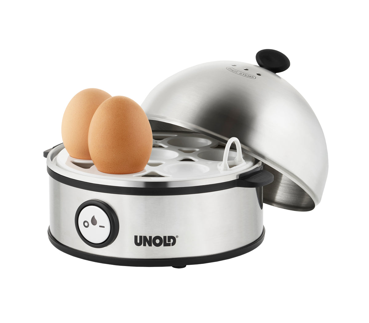Das Unold Frühstücks-Bundle Aroma ist ein Eierkocher aus Edelstahl mit herausnehmbarem Einsatz, zwei braunen Eiern im Inneren und einem teilweise geöffneten, kuppelförmigen Deckel. Der Markenname Unold ist auf der Vorderseite des Geräts zu sehen.