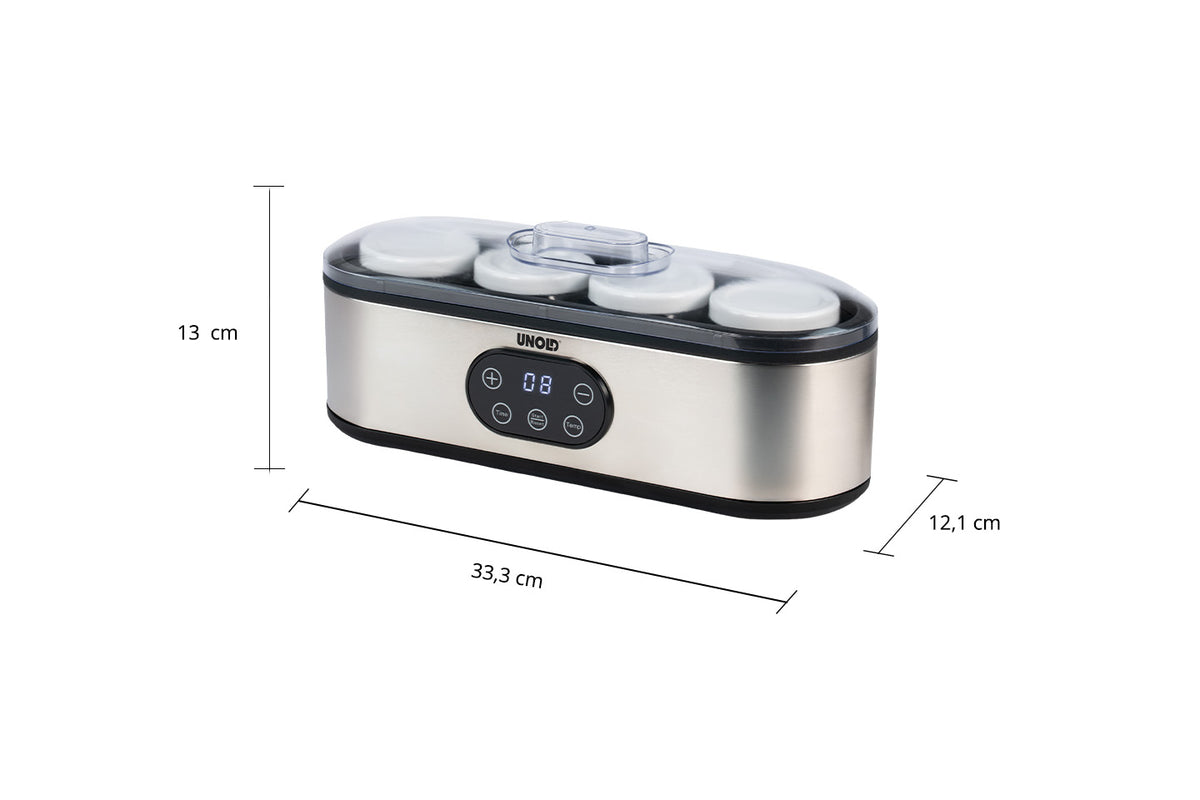 Der Unold Joghurtbereiter JOGI im Edelstahl-Design mit digitalem Display wird mit vier Behältern und einem transparenten Deckel geliefert und ist 33,3 cm breit, 13 cm hoch und 12,1 cm tief.