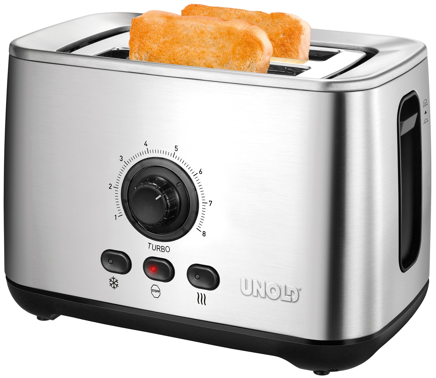 Der Unold Turbo Toaster B-Ware verfügt über zwei Brotschlitze, eine Frontplatte mit großem Drehregler, drei Tasten, Kontrollleuchten und dem Unold-Logo in der unteren rechten Ecke.