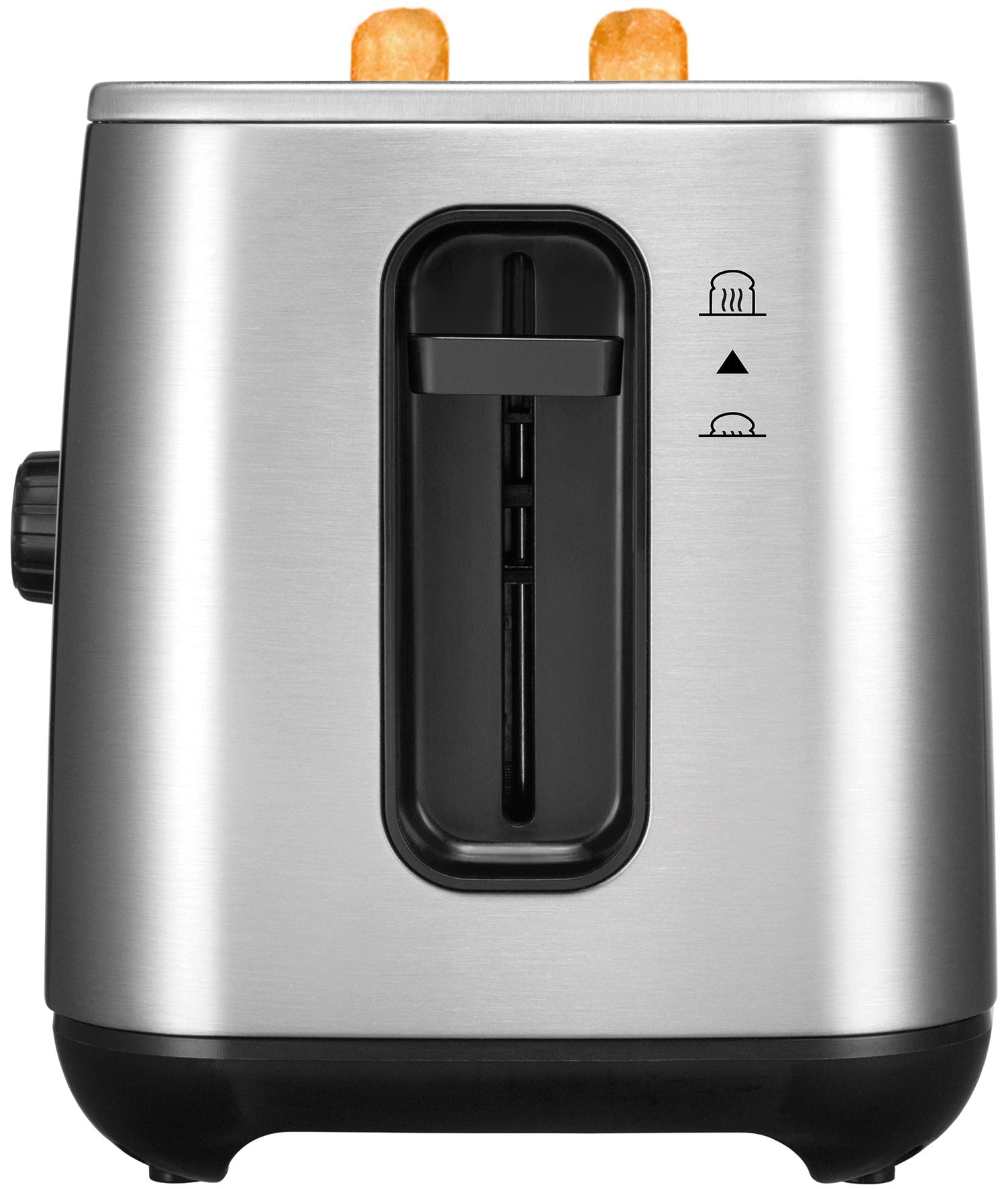 Der von vorne abgebildete Unold Turbo Toaster B-Ware verfügt über ein Edelstahlgehäuse mit zwei herausspringenden Brotscheiben, einen schwarzen Hebel und Einstellungssymbole auf der rechten Seite.