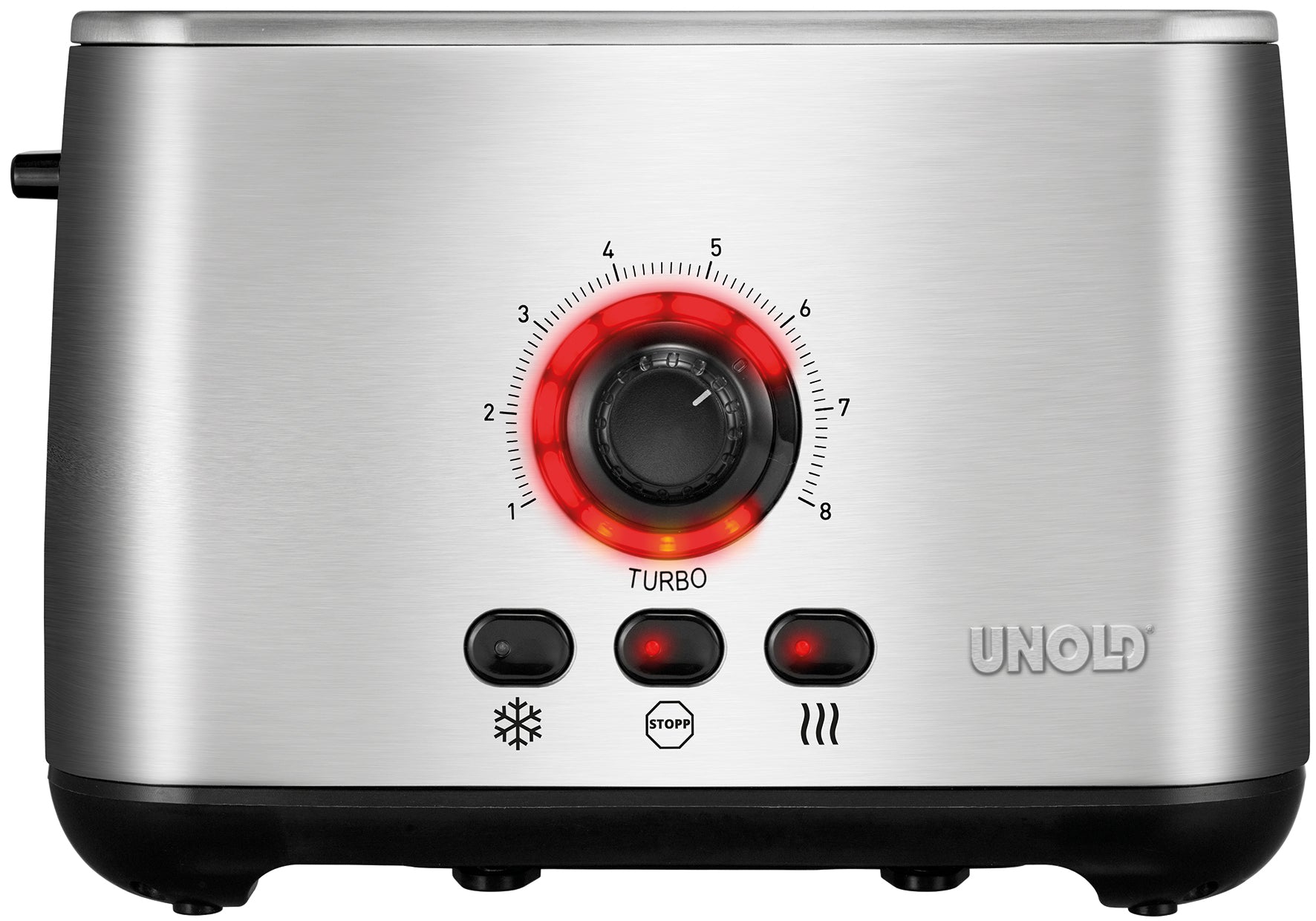 Der Unold Turbo Toaster B-Ware verfügt über ein silbernes Finish, ein zentrales Drehrad mit den Einstellungen 1 bis 8, umgeben von einer roten Kontrollleuchte, und darunter drei Funktionstasten für Auftauen, Stopp und Aufwärmen.