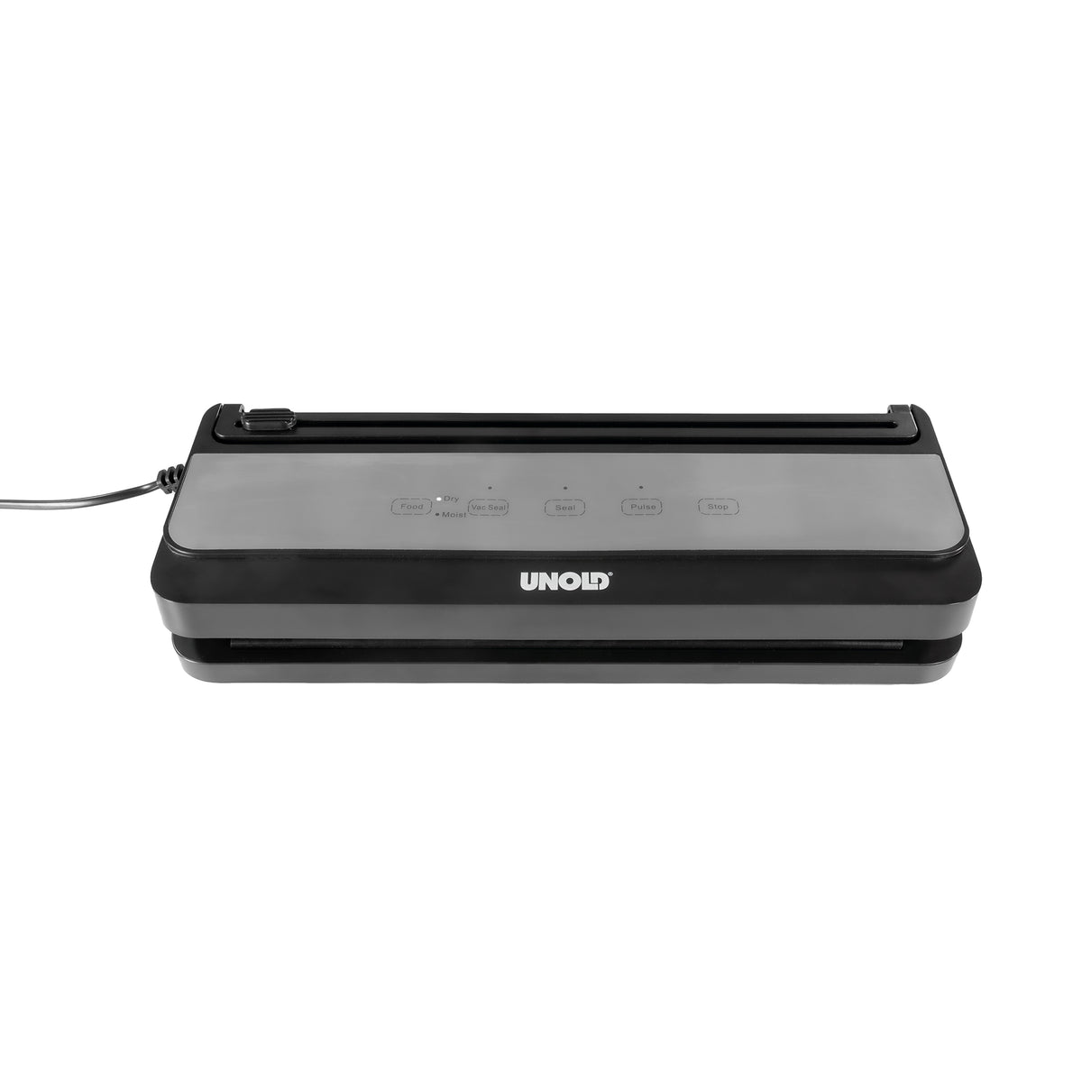 Der Unold Vakuumierer Food Saver Black, von oben in Schwarz und Grau abgebildet, verfügt über Bedientasten auf der Oberseite und wird mit einem Netzkabel geliefert.
