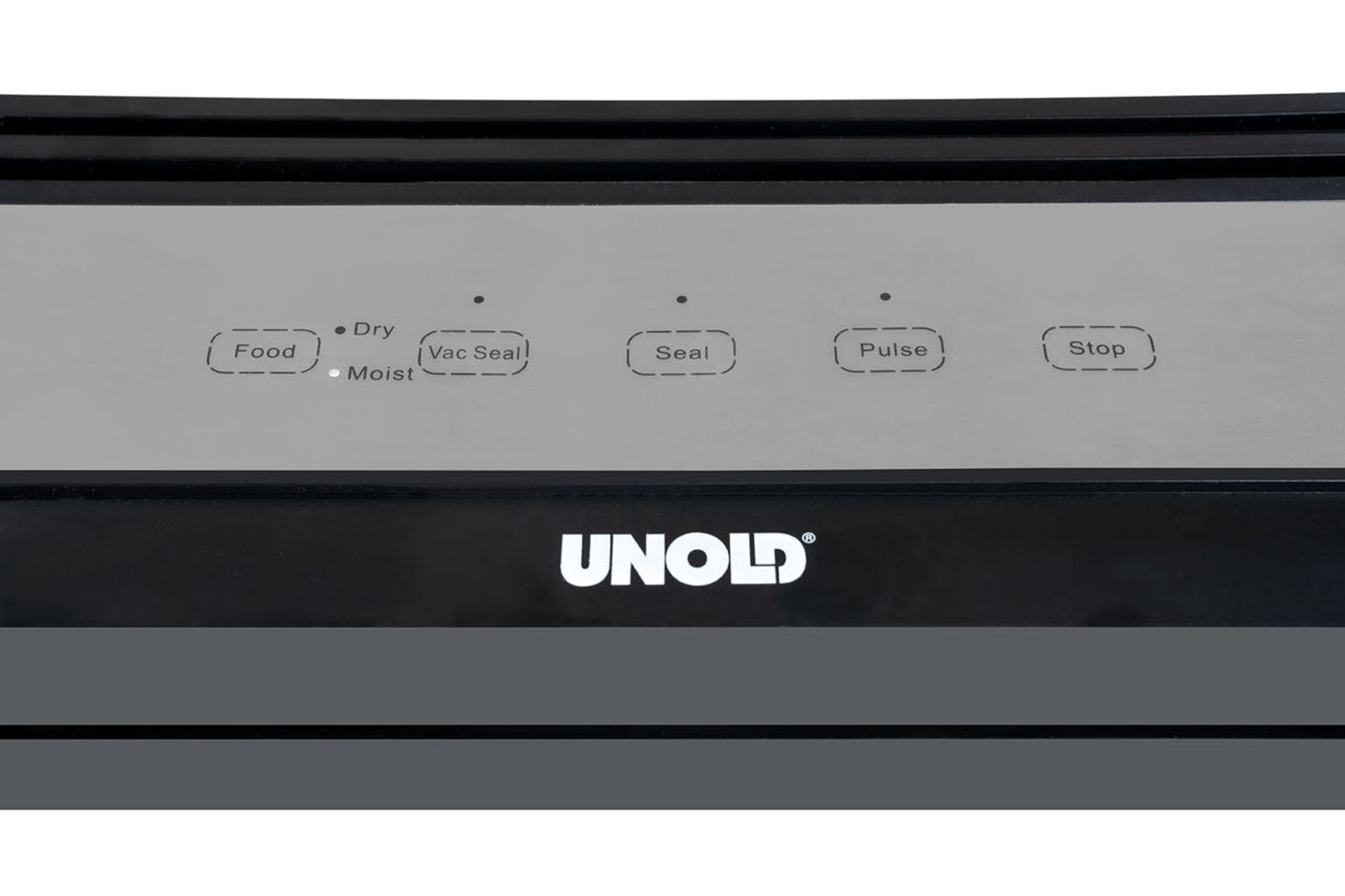 Nahaufnahme des Bedienfelds des Unold Vakuumierer Food Saver Black mit Tasten für Lebensmittel, Vakuumversiegelung, Versiegeln, Pulsieren und Stopp sowie Anzeigen für die Optionen Trocknen und Feucht.
