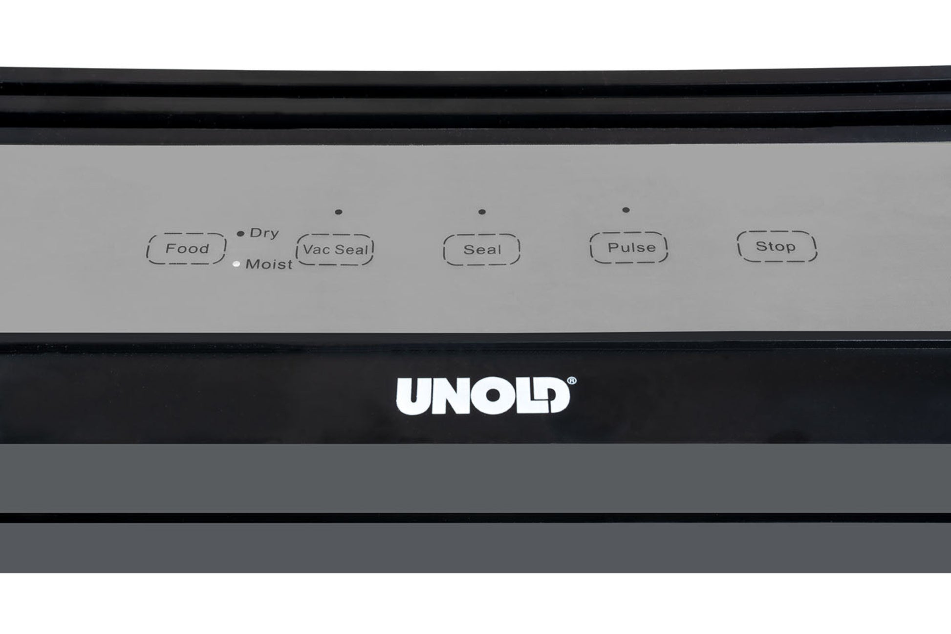 Nahaufnahme des Bedienfelds des Unold Vakuumierer Food Saver Black mit Tasten für Lebensmittel, Vakuumversiegelung, Versiegeln, Pulsieren und Stopp sowie Anzeigen für die Optionen Trocknen und Feucht.