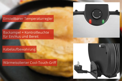 Eine Nahaufnahme des Unold Pancake-Maker American in einer Pfanne, mit überlagerten Bildern, die den einstellbaren Temperaturregler, die Kontrollleuchten, die Kabelaufbewahrung und den Cool-Touch-Griff zeigen – alle Funktionen werden im deutschen Text beschrieben.