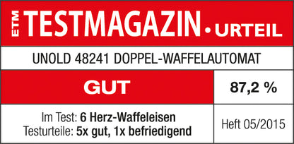 Das TESTMAGAZIN vergibt dem Unold Doppel-Waffelautomaten die Note „Gut“ mit 87,2 % (Ausgabe 05/2015) und platziert ihn damit unter 6 Herzwaffeleisen (5 gut, 1 befriedigend).