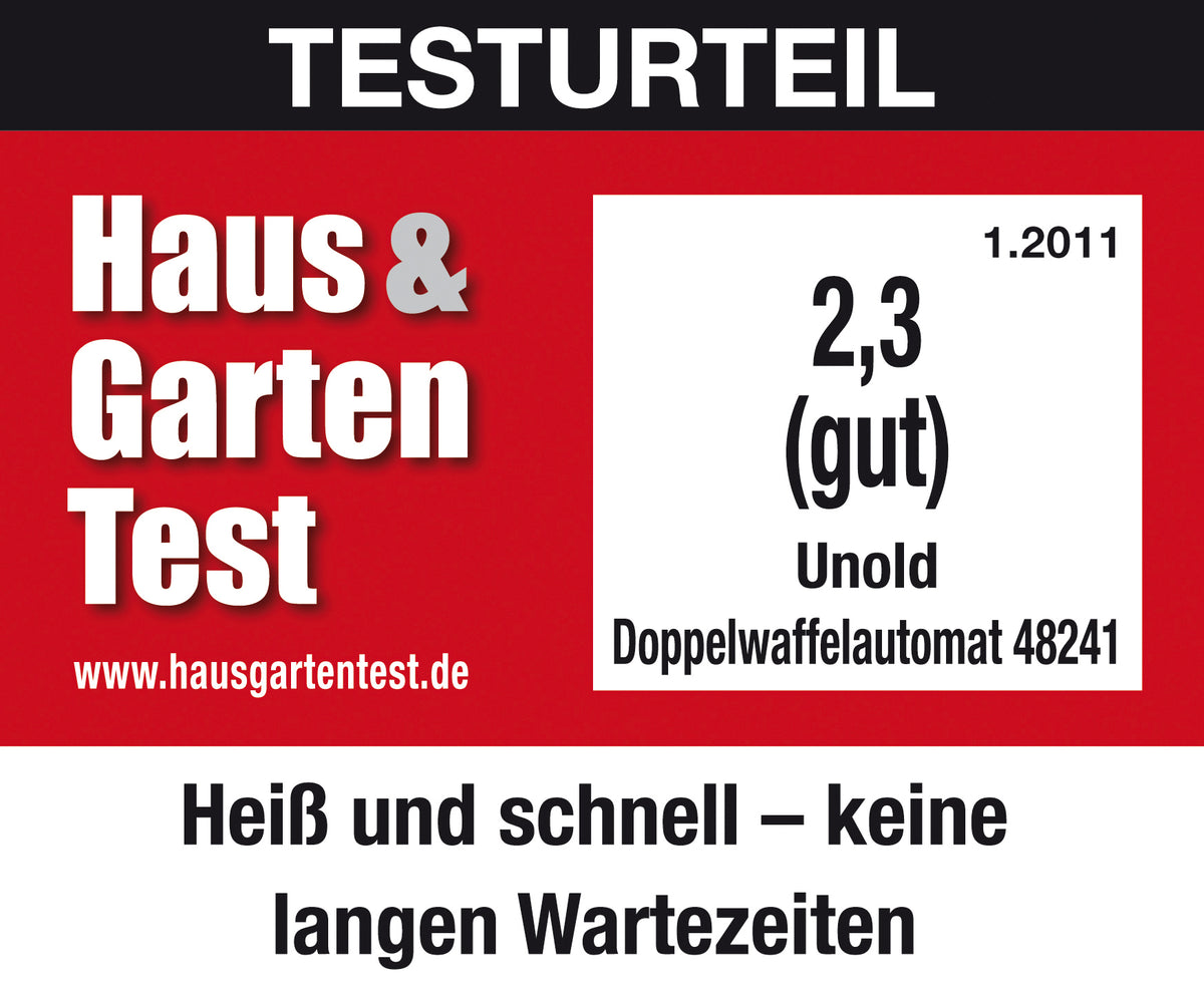 Haus & Garten Test bewertete den Unold Doppel-Waffelautomaten in der Ausgabe 1.2011 mit der Note 2,3 (gut): „Heiß und schnell – keine langen Wartezeiten“.