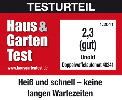 Haus & Garten Test bewertete den Unold Doppel-Waffelautomaten in der Ausgabe 1.2011 mit der Note 2,3 (gut): „Heiß und schnell – keine langen Wartezeiten“.