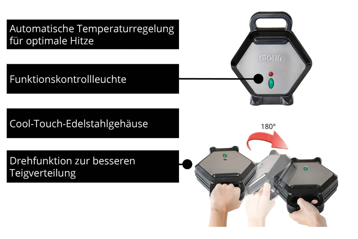 Der Unold Bubble Waffeleisen Bobby verfügt über eine automatische Temperaturregelung, eine Funktionskontrollleuchte, ein Cool-Touch-Edelstahlgehäuse und ein um 180° drehbares Design für eine gleichmäßige Teigverteilung.