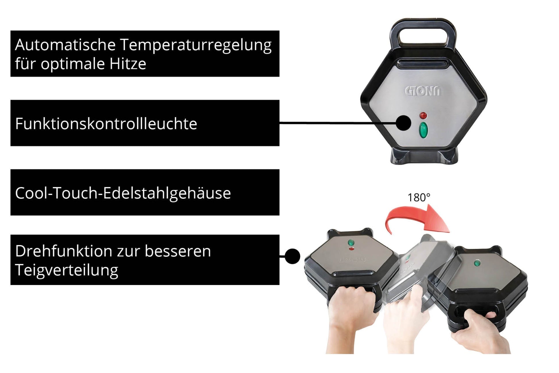Der Unold Bubble Waffeleisen Bobby verfügt über eine automatische Temperaturregelung, eine Funktionskontrollleuchte, ein Cool-Touch-Edelstahlgehäuse und ein um 180° drehbares Design für eine gleichmäßige Teigverteilung.