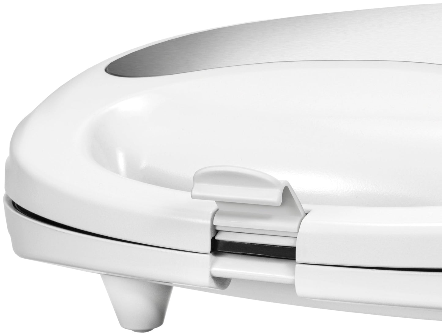 Nahaufnahme des Unold Sandwich-Toasters Quadro, ein weißes Gerät mit abgerundetem Deckel, Riegel und kurzen Beinen, präsentiert vor einem weißen Hintergrund.