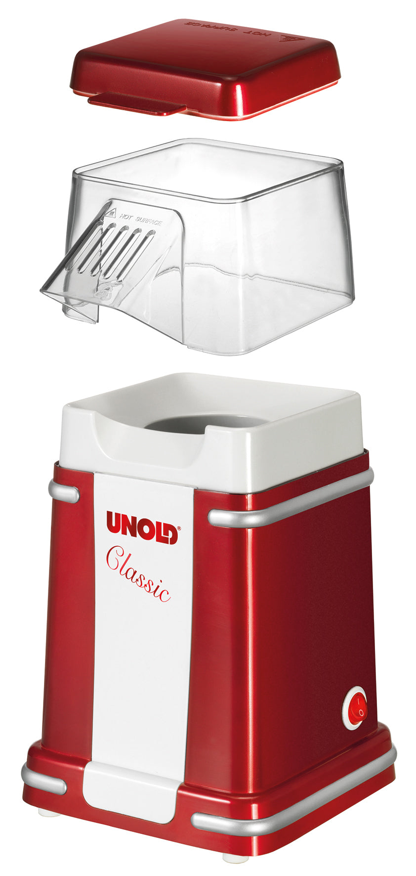 Eine rot-weiße Unold Popcornmaschine Classic mit Deckel und transparentem Popcornbehälter, die in einer Explosionsansicht separat über der Hauptbasis gezeigt werden.