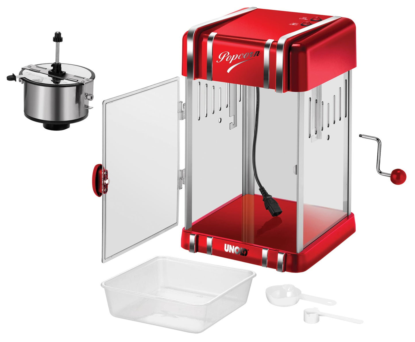 Der Unold Popcornmaker Retro in Rot und Silber verfügt über ein sichtbares Netzkabel, eine seitliche Kurbel, eine offene Tür, einen abnehmbaren Kessel, ein Kunststofftablett, einen Messbecher und einen separat abgebildeten Löffel.