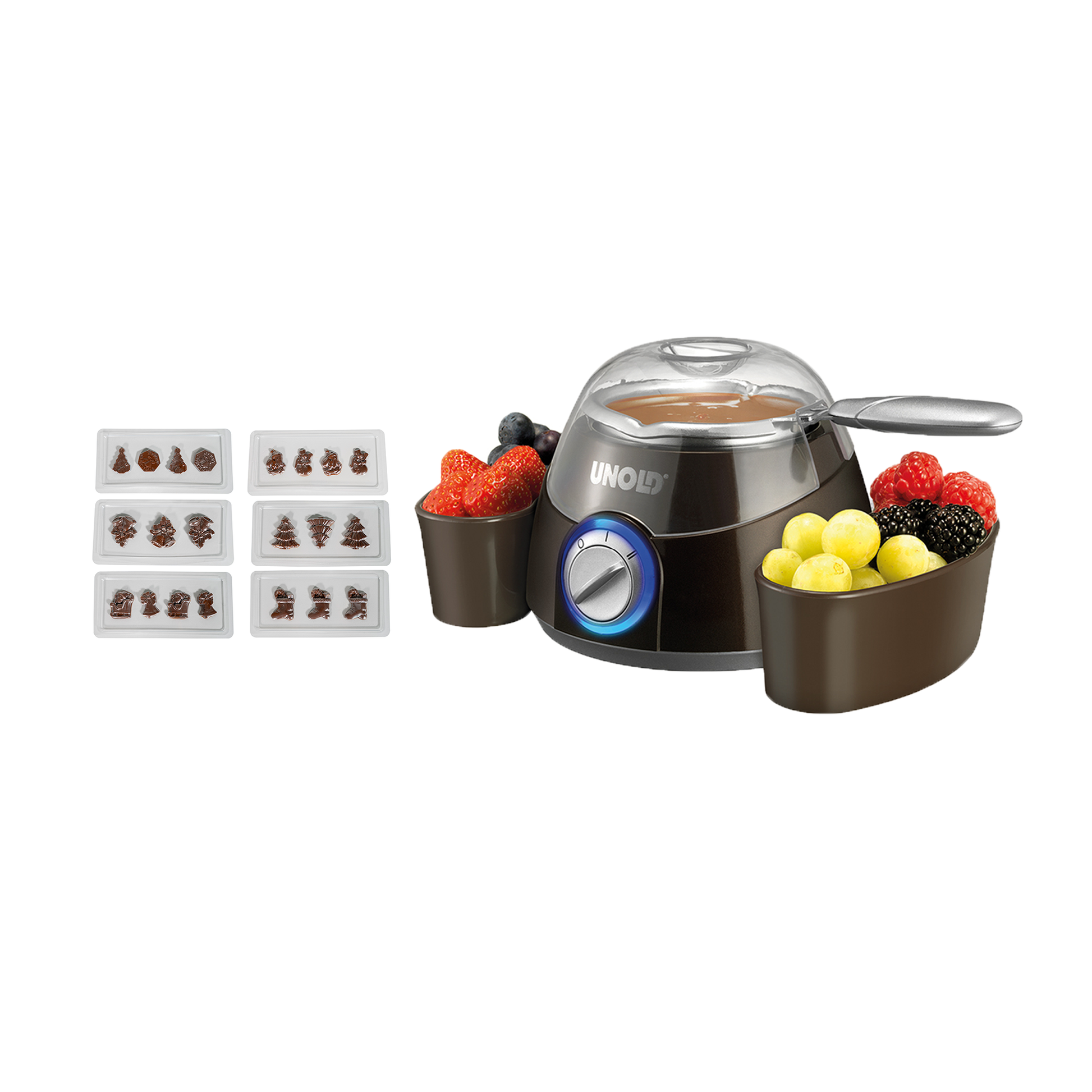 Die Unold Chocolatier Weihnachtsedition umfasst einen Schmelztiegel, zwei Obstbehälter und sechs Schokoladenformschalen mit weihnachtlichen Motiven.