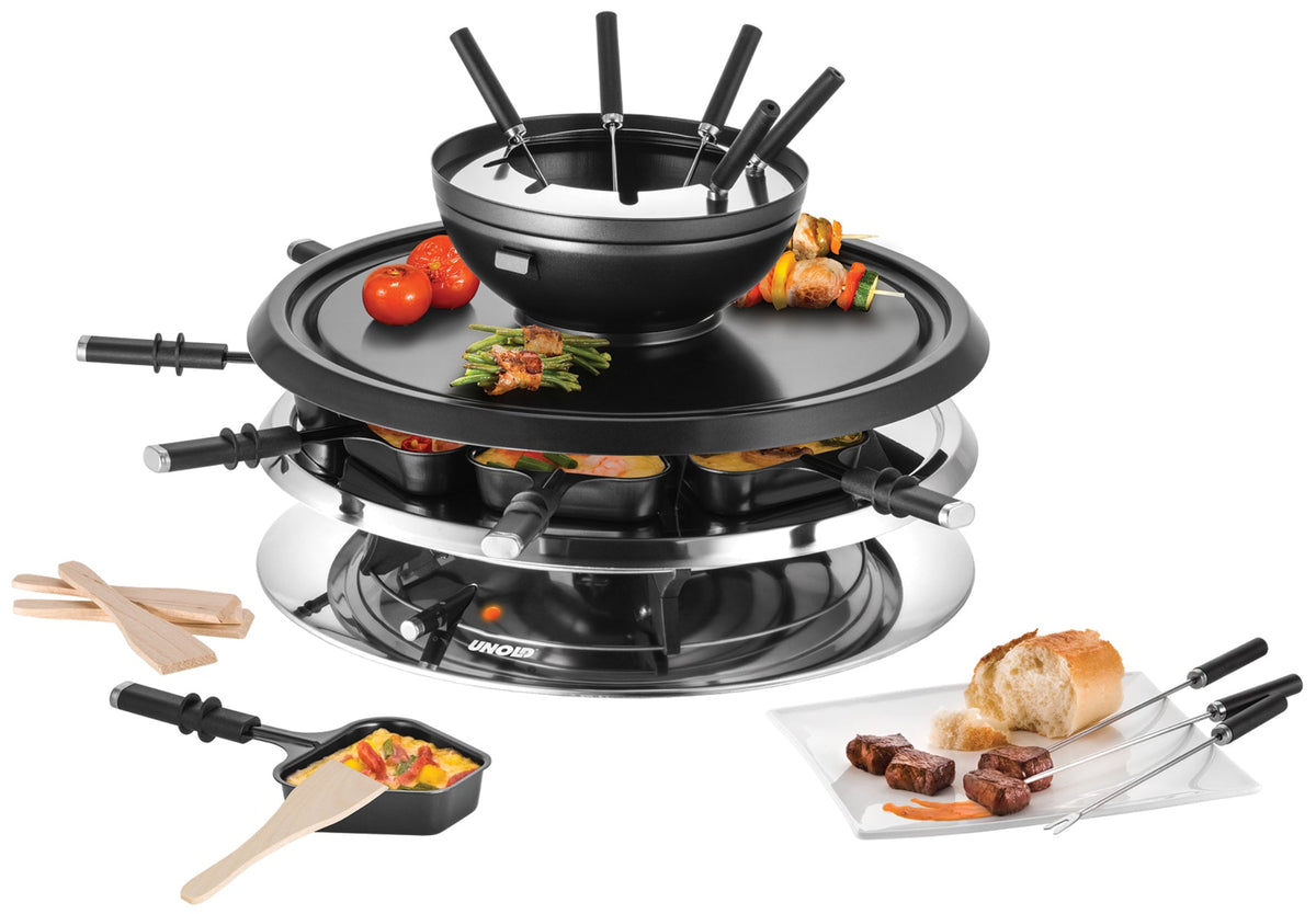 Das Unold Raclette Multi 4 in 1 inklusive Raclette Buch wird mit Spießen, Holzgabeln und Raclette-Pfännchen geliefert und ermöglicht Ihnen, geschmolzenen Käse, gegrilltes Gemüse, Brot und gekochtes Fleisch auf einem Teller angerichtet zu genießen.
