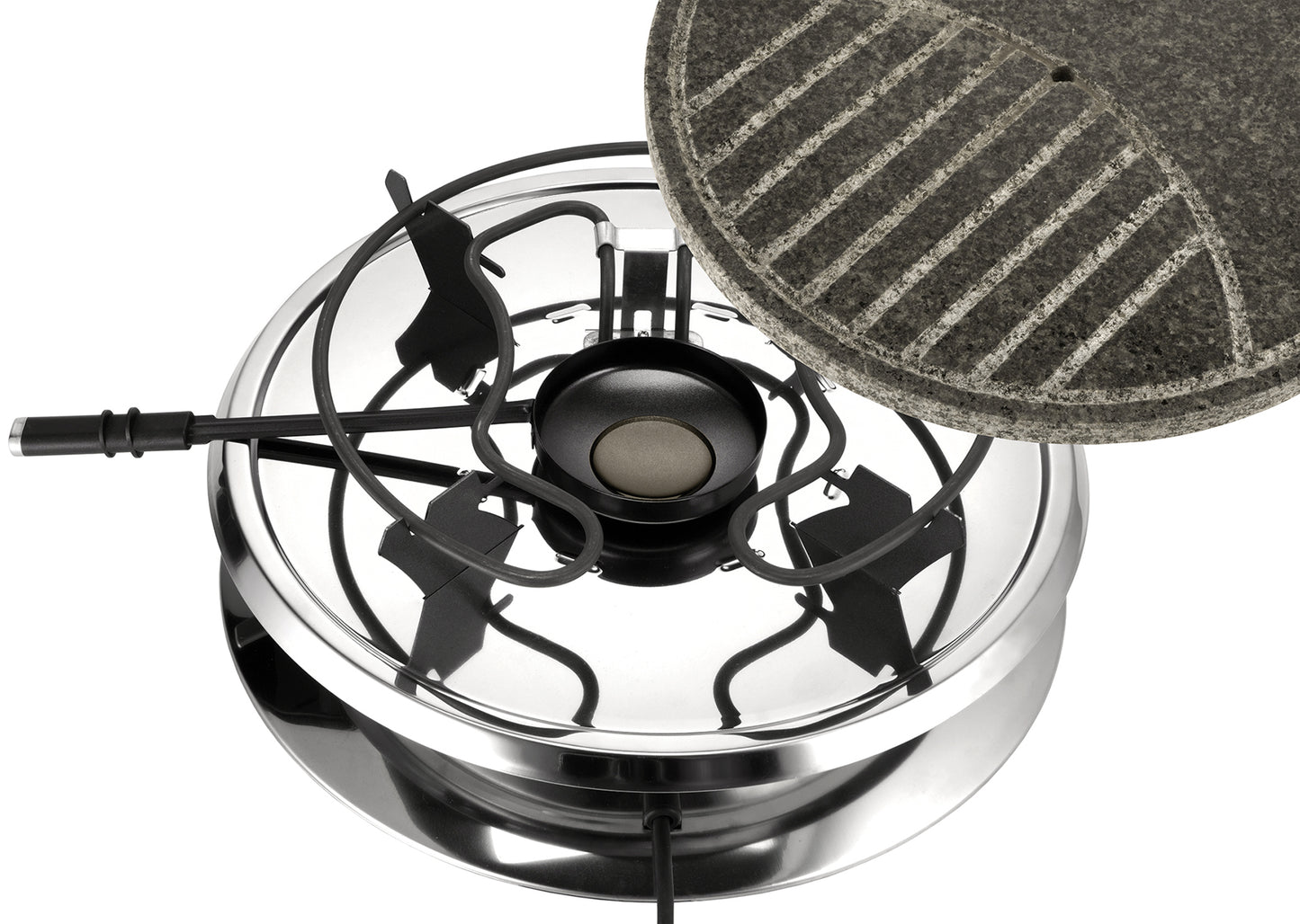 Eine Draufsicht des Unold Raclette Multi 4 in 1 inklusive Raclette Buch zeigt glänzendes Metall, schwarze Brennerroste und einen runden, strukturierten grauen Grillstein, der die Oberfläche teilweise bedeckt.