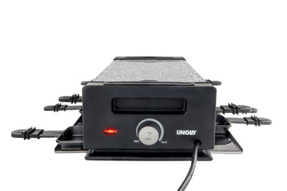 Der Unold Raclette Finesse Basic inklusive Raclette Buch ist ein schwarzer Elektrogrill mit Steingrillfläche, Temperaturregler, Kontrollleuchte und Seitenablagen, abgebildet auf weißem Hintergrund.