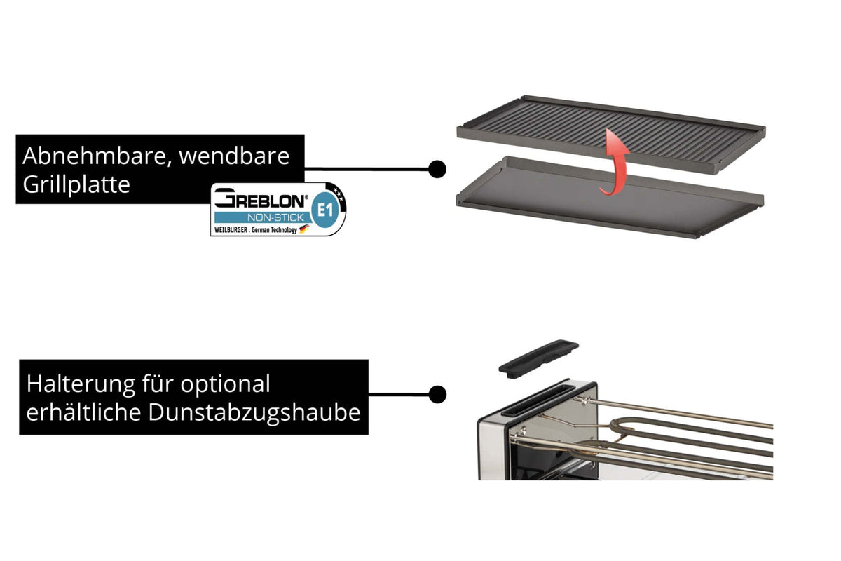 Das Unold Raclette Finesse Basic verfügt über eine wendbare, abnehmbare Antihaft-Grillplatte und darunter eine Halterung für eine optionale Dunstabzugshaube.